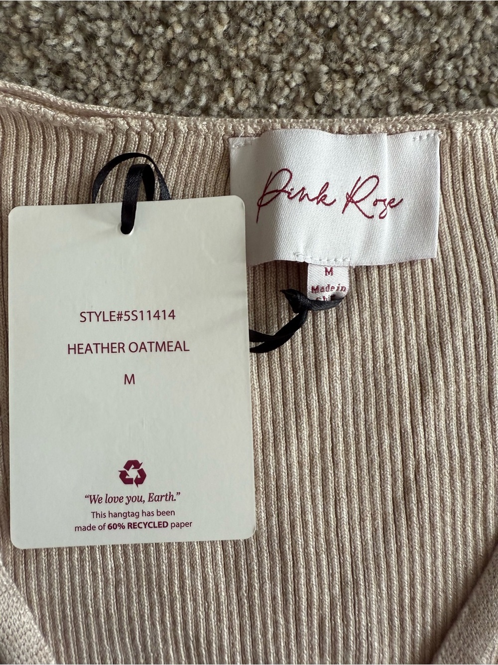 Pink Rose Ribbed V-Neck Button Tank - Cream - Picture 5 of 5